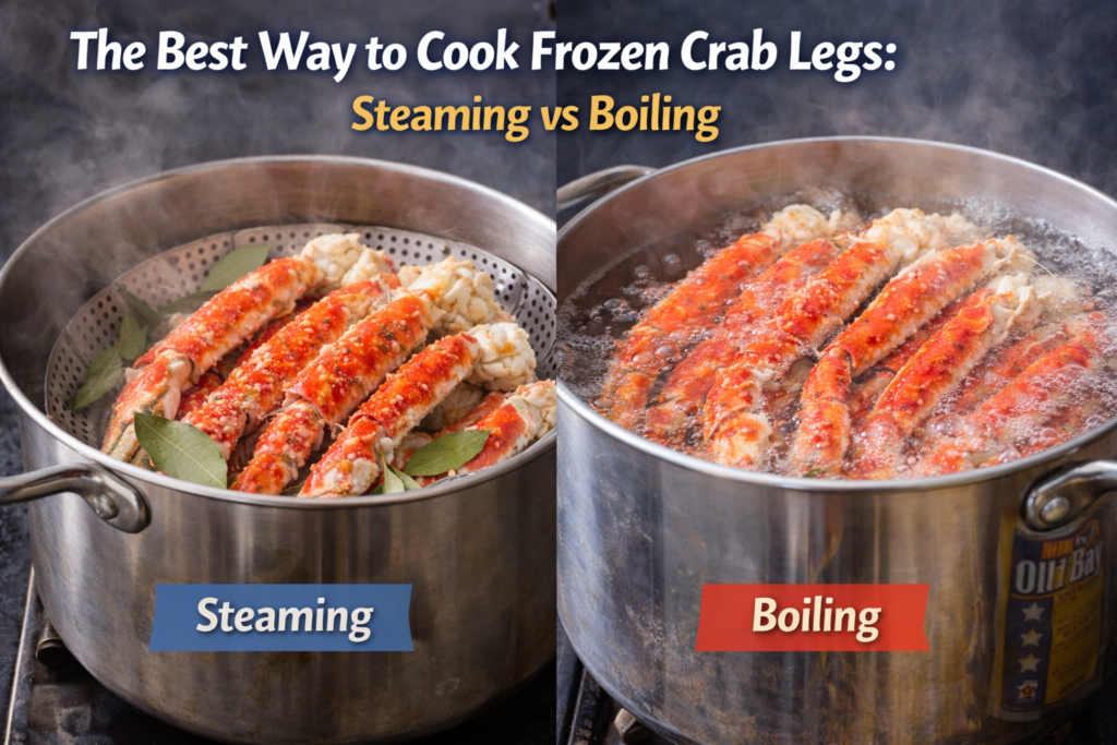 An image comparing two methods of cooking frozen crab legs: Steaming on the left with a steamer basket and boiling on the right with crab legs submerged in hot water, both in vibrant red color