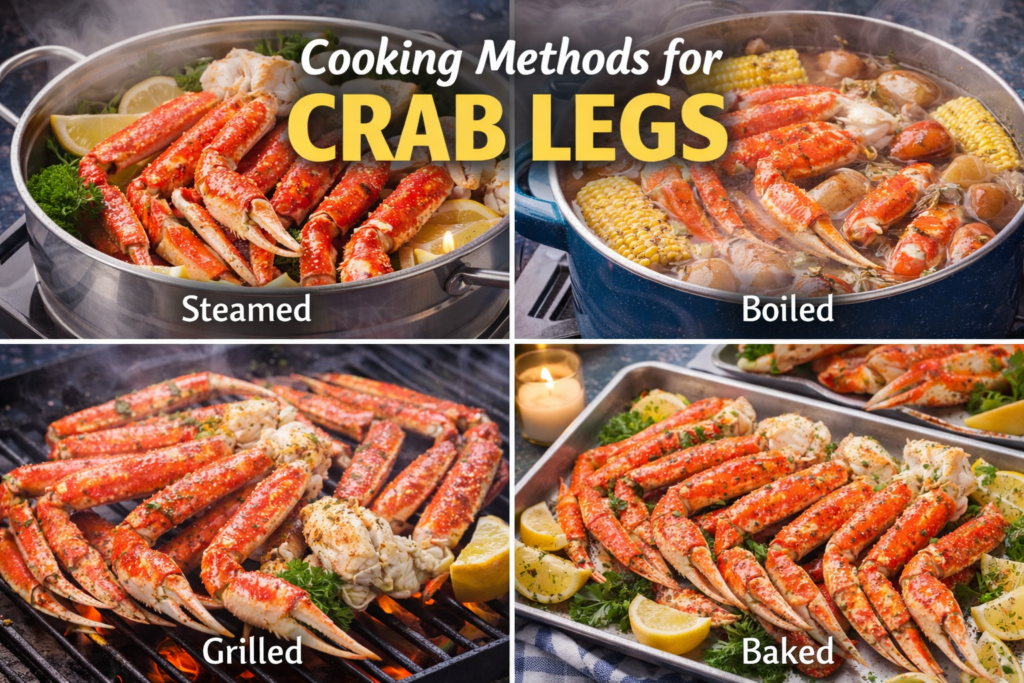 Four distinct cooking methods for crab legs: steamed with lemon, boiled with corn and potatoes, grilled with seasoning, and baked with fresh herbs, all displayed in a quadrant format