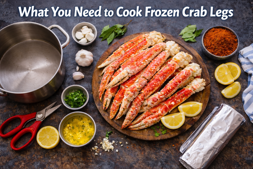 Top-down view of frozen crab legs on a wooden cutting board, surrounded by garlic, bay leaves, Old Bay seasoning, lemon wedges, garlic butter, olive oil, kitchen shears, and a pot of water, ready to cook