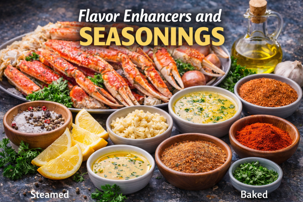 An assortment of flavor enhancers and seasonings including salt, pepper, garlic, Cajun seasoning, lemon, butter, and parsley, paired with steamed and baked crab legs for added flavor