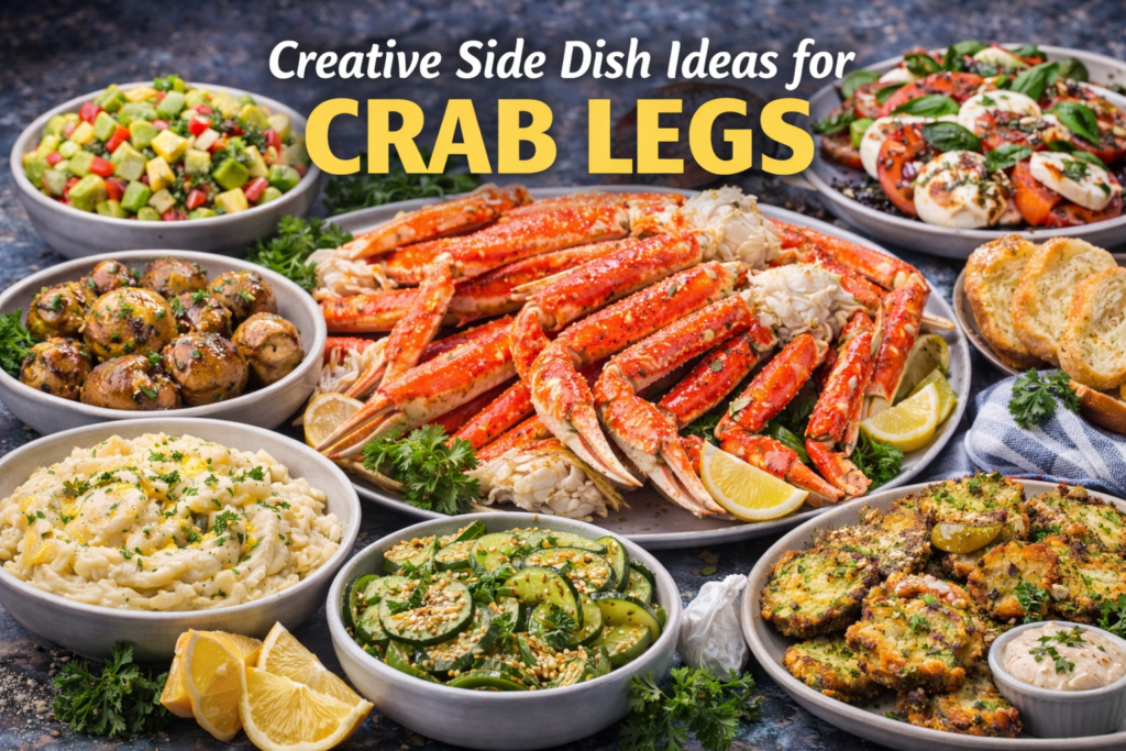 An assortment of creative side dishes for crab legs including avocado-mango salsa, zucchini fritters, mashed potatoes, roasted baby potatoes, and garlic bread, served with cracked crab legs.