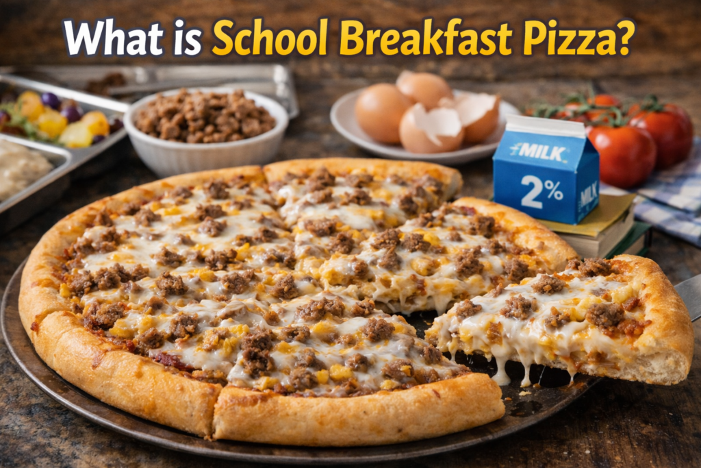 Close-up of a school breakfast pizza with scrambled eggs, sausage, and melted cheese, accompanied by milk and a side of fruit, set in a school cafeteria atmosphere.