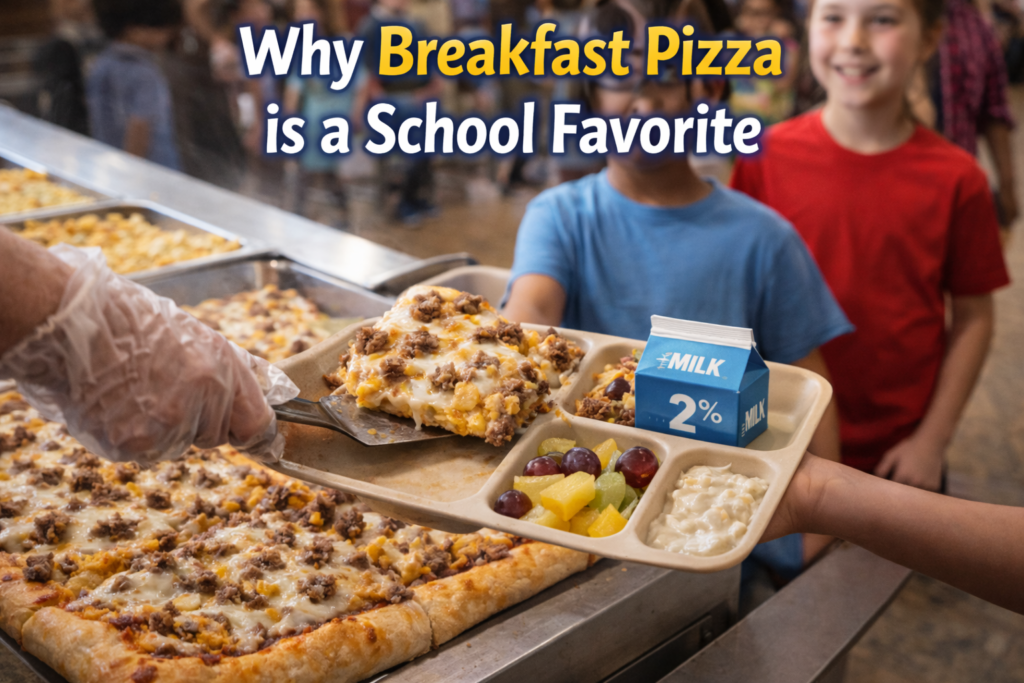 A school cafeteria scene where a lunch lady serves breakfast pizza with scrambled eggs and sausage onto a student's tray, surrounded by milk, fruit, and eager students.
