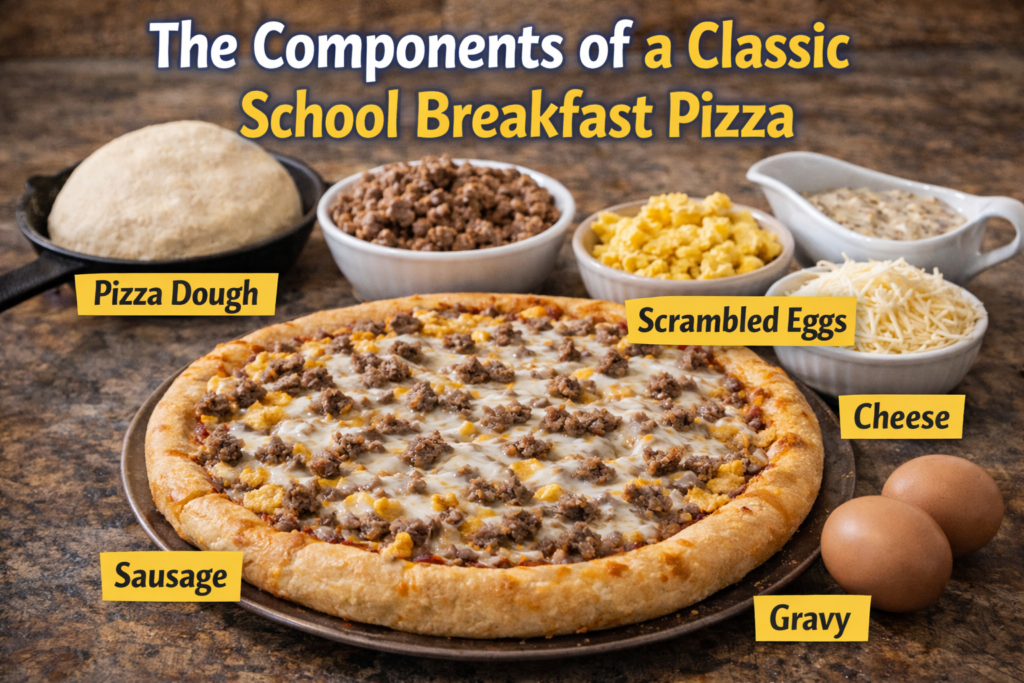 A close-up view of a classic school breakfast pizza with scrambled eggs, sausage, and cheese, surrounded by labeled bowls of pizza dough, sausage, scrambled eggs, cheese, and gravy on a rustic background.