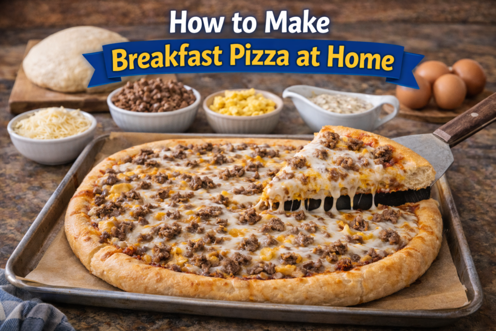 A freshly baked breakfast pizza with scrambled eggs, sausage, and melted cheese being lifted with a spatula, surrounded by labeled ingredients like pizza dough, scrambled eggs, sausage, and cheese, on a rustic kitchen counter