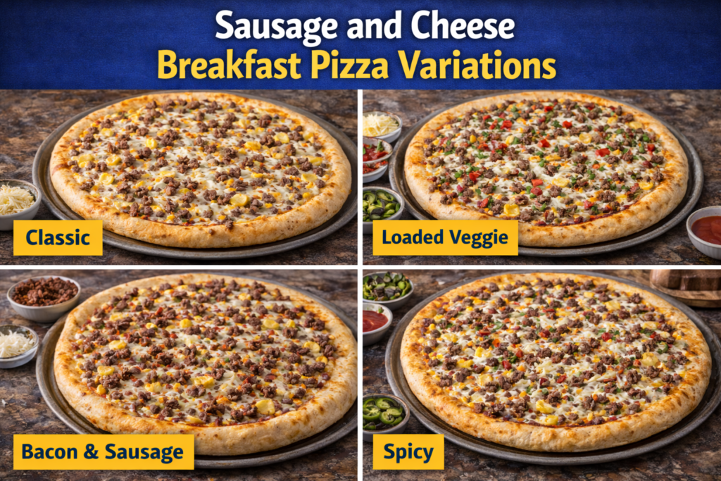 A collage of four sausage and cheese breakfast pizzas: Classic, Bacon & Sausage, Loaded Veggie with red peppers and green onions, and Spicy with jalapeños, each served on a golden-brown crust