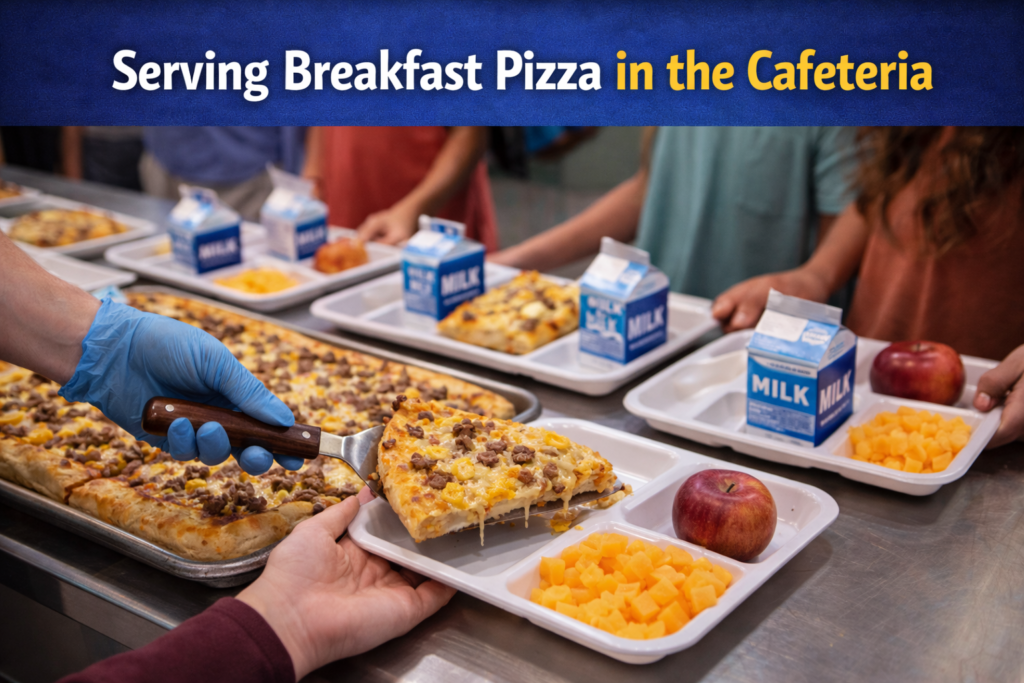 A school cafeteria scene where a staff member serves breakfast pizza with sausage and scrambled eggs onto a student's tray, alongside milk, diced cantaloupe, and an apple