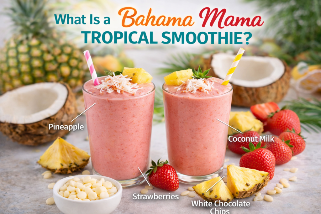 A close-up of two Bahama Mama Tropical Smoothies with shredded coconut and pineapple wedges, surrounded by ingredients like pineapple, strawberries, coconut milk, and white chocolate chips, with bold text asking 'What Is a Bahama Mama Tropical Smoothie?