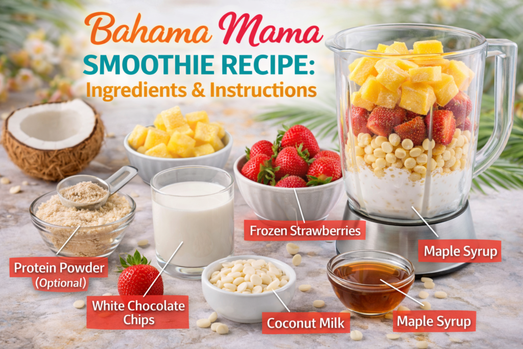 Close-up of a blender filled with frozen pineapple, strawberries, and white chocolate chips, surrounded by ingredients like coconut milk, protein powder, and maple syrup, with labeled text for each ingredient, set against a tropical backdrop.