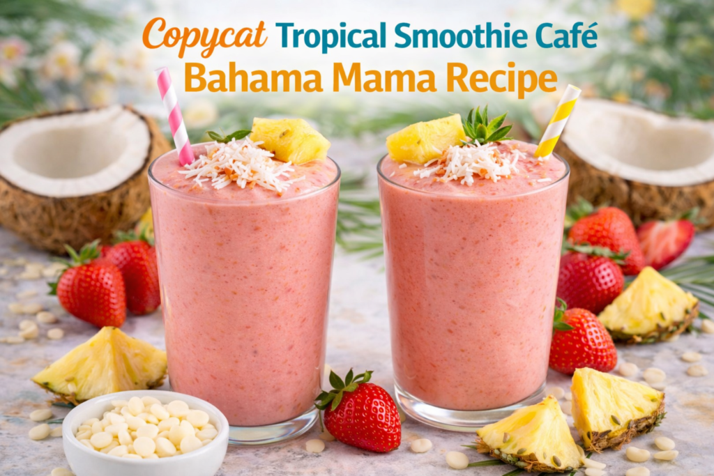 Two glasses of homemade Bahama Mama Tropical Smoothie, topped with shredded coconut and pineapple, surrounded by fresh strawberries, pineapple chunks, and white chocolate chips, with text overlay reading 'Copycat Tropical Smoothie Café Bahama Mama Recipe