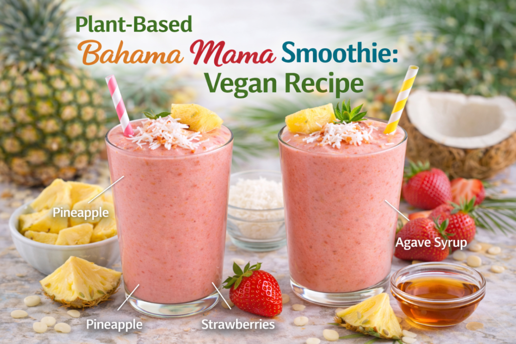 wo tall glasses of plant-based Bahama Mama smoothies, topped with shredded coconut and pineapple wedges, surrounded by ingredients like pineapple, strawberries, coconut milk, and agave syrup, with text labels for each ingredient