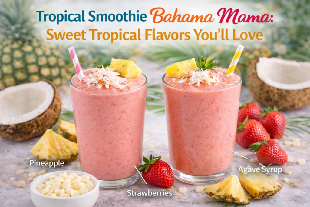 Two refreshing Bahama Mama smoothies topped with shredded coconut and pineapple wedges, surrounded by ingredients like pineapple, strawberries, agave syrup, and white chocolate chips, with a vibrant tropical backdrop and bold text 'Tropical Smoothie Bahama Mama: Sweet Tropical Flavors You’ll Love