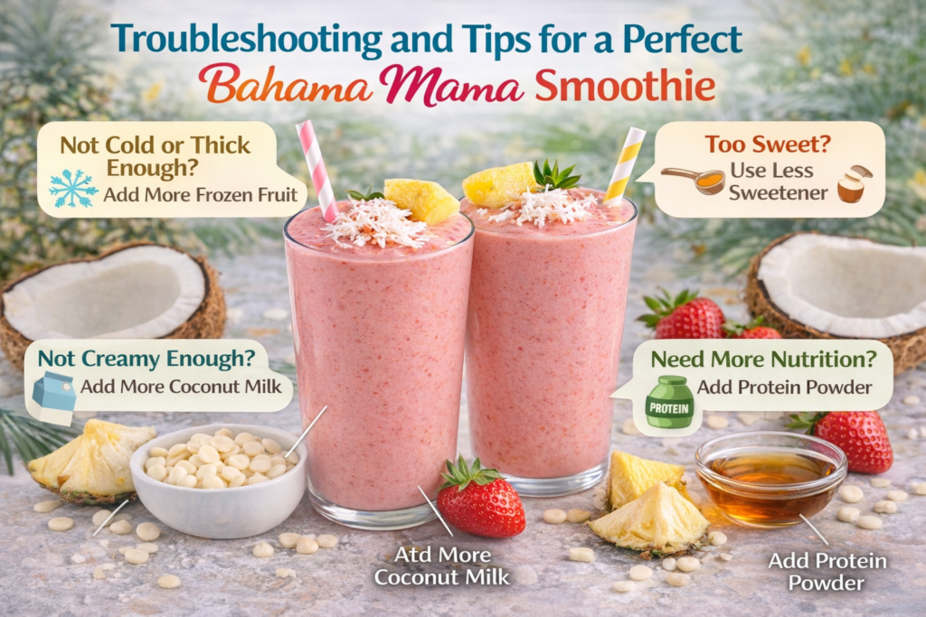 Two refreshing Bahama Mama smoothies with coconut and pineapple garnish, surrounded by ingredients like pineapple, strawberries, coconut milk, and white chocolate chips, with troubleshooting tips for achieving the perfect smoothie displayed in colorful speech bubbles.