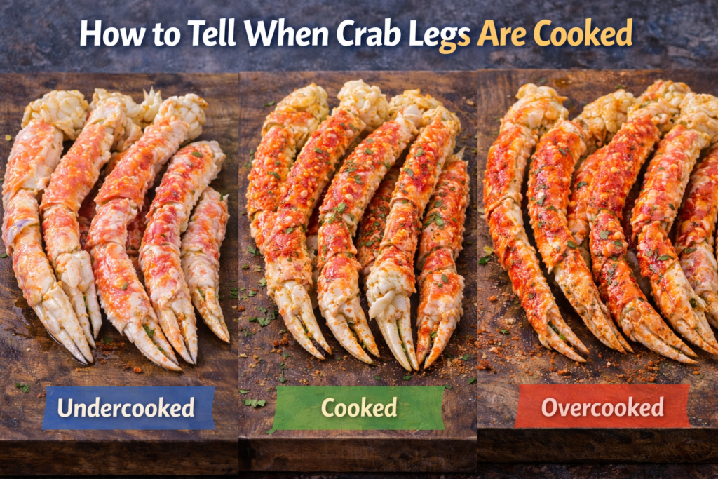 A comparison photo showing three sets of crab legs: undercooked (pale and translucent), cooked (vibrant red-orange with seasoning), and overcooked (dark and dry), each labeled accordingly.