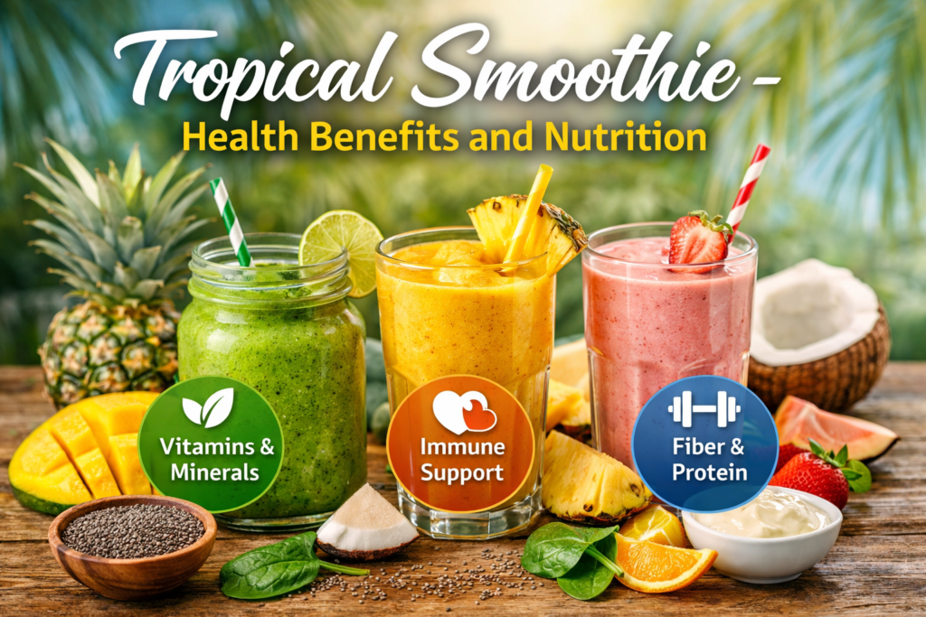 A colorful display of three tropical smoothies in glass cups, featuring fresh fruit garnishes and labels highlighting the health benefits: vitamins & minerals, immune support, and fiber & protein.