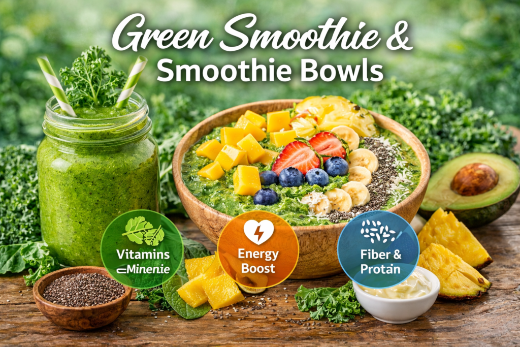 A green smoothie and smoothie bowl filled with mango, berries, and chia seeds, with icons emphasizing key health benefits: vitamins, energy boost, and fiber & protein. The image is set against a fresh green background.