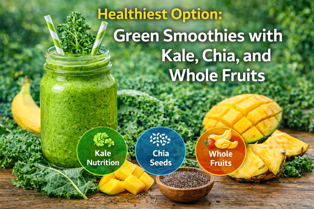A vibrant green smoothie in a mason jar, made with kale, chia seeds, and whole fruits like mango and banana, accompanied by icons for kale nutrition, chia seeds, and whole fruits, set against a lush green background.