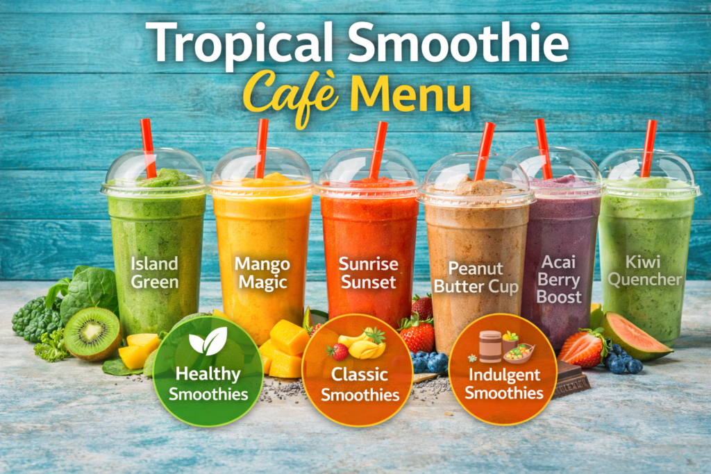A vibrant display of six Tropical Smoothie Café smoothies, including Island Green, Mango Magic, Sunrise Sunset, Peanut Butter Cup, Acai Berry Boost, and Kiwi Quencher, set against a turquoise wooden backdrop. Icons indicate healthy, classic, and indulgent smoothie categories.