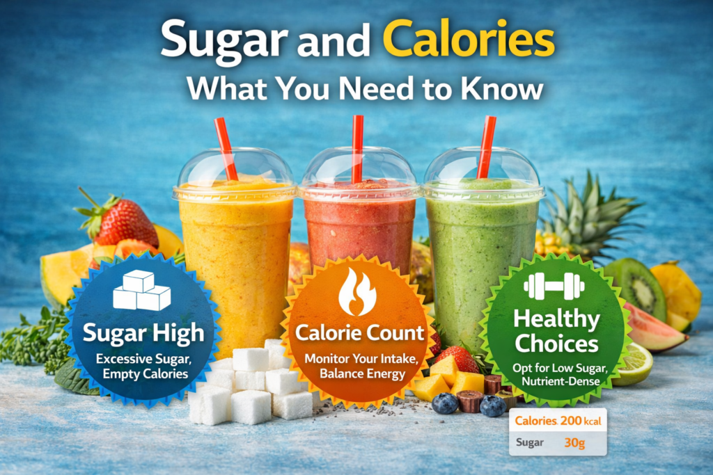 A vibrant digital image showcasing three tropical smoothies with fresh ingredients, alongside icons representing sugar high, calorie count, and healthy choices. The image is set against a turquoise backdrop, with a focus on mindful nutrition and balanced consumption.