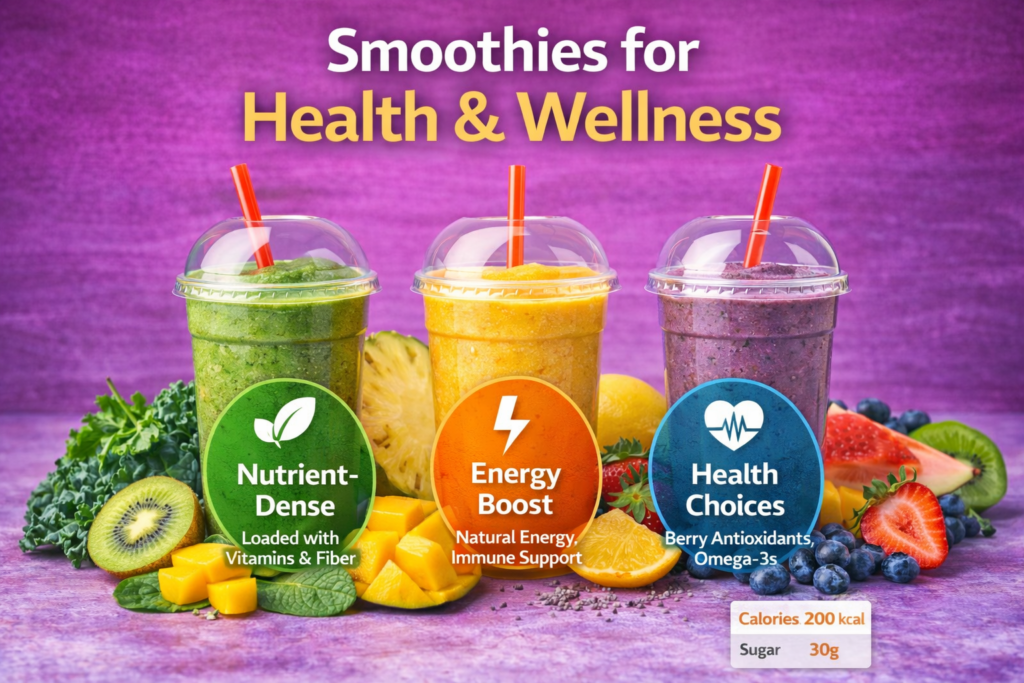 Three smoothies with vibrant colors—green, orange, and purple—highlighting their health benefits: nutrient density, energy boost, and heart health. The image is set against a purple gradient background with fresh fruits and leafy greens.
