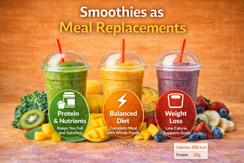 Three smoothies designed as meal replacements, labeled for their benefits: protein & nutrients, balanced diet, and weight loss. The smoothies are surrounded by fresh fruits and vegetables, with nutritional details visible. The image is set against an orange gradient backdrop.
