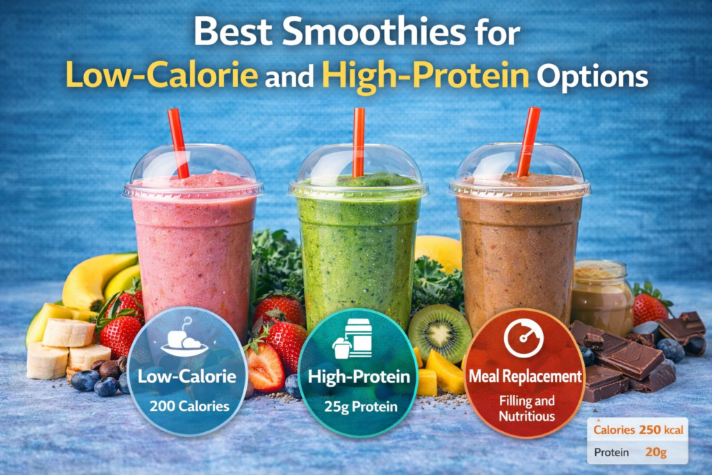 Three smoothies showcasing low-calorie, high-protein, and meal replacement options, with icons for each benefit: low-calorie (200 kcal), high-protein (25g), and filling meal replacement. The smoothies are surrounded by fresh fruits and set against a blue backdrop.