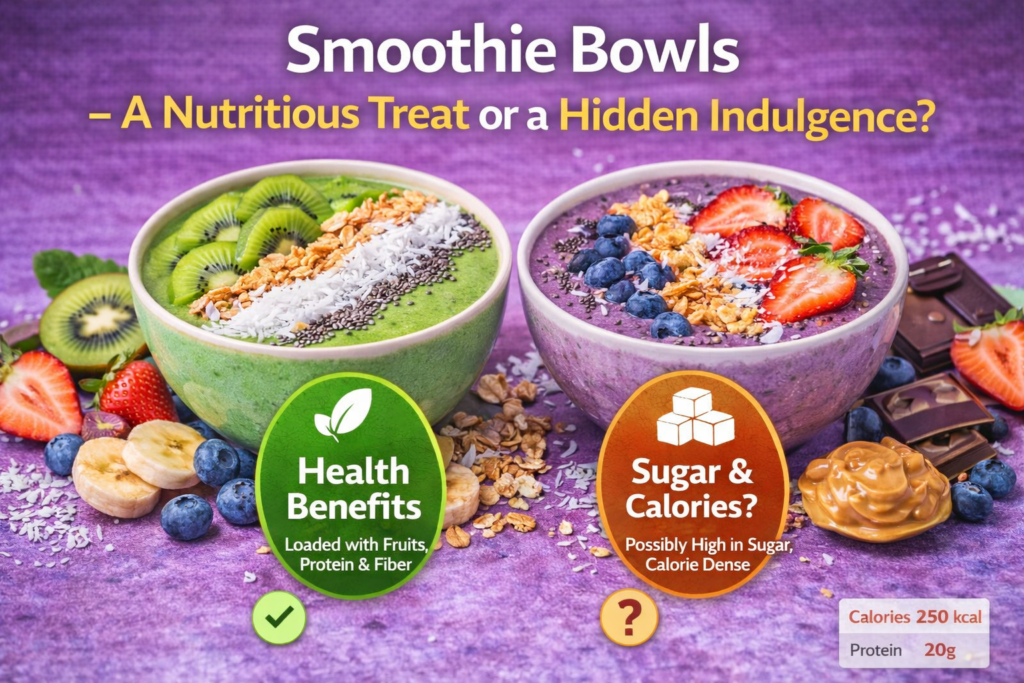 Two smoothie bowls on a purple background; one green bowl labeled "Health Benefits" with fruits, protein, and fiber, and the other purple bowl labeled "Sugar & Calories?" with possible high sugar content, surrounded by fresh fruits, granola, and chocolate.