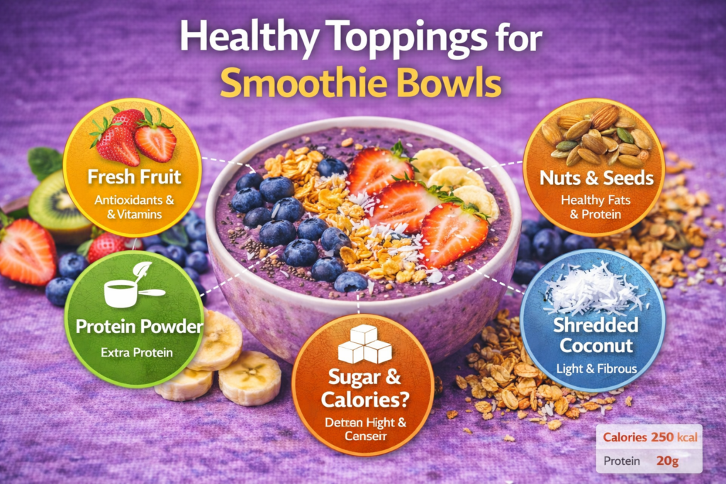 A vibrant purple smoothie bowl topped with fresh fruit, granola, and shredded coconut. Icons around the bowl highlight key toppings: fresh fruit (antioxidants & vitamins), protein powder (extra protein), nuts & seeds (healthy fats & protein), and shredded coconut (light & fibrous). The image is set against a purple backdrop with clear nutritional information.