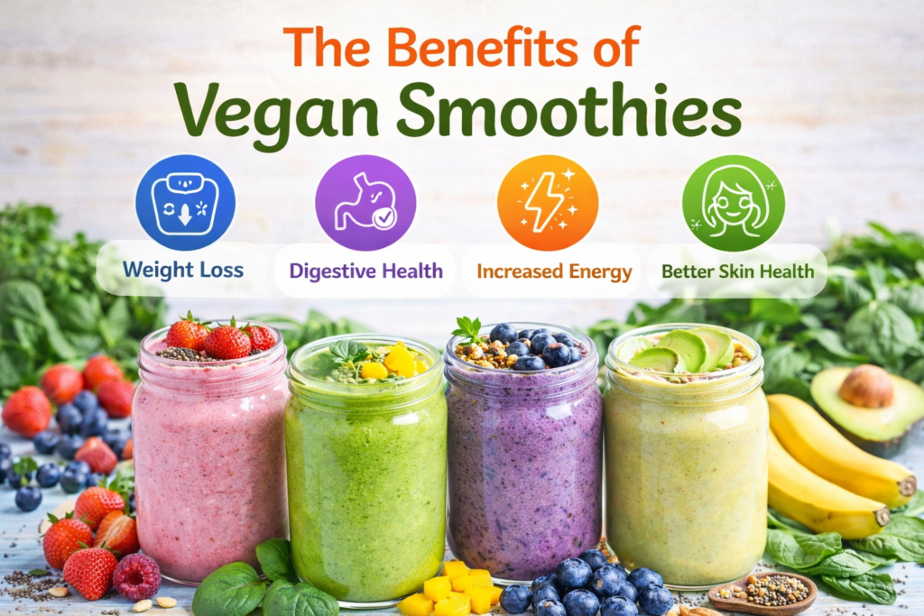 Four mason jars filled with colorful vegan smoothies, surrounded by fresh fruits and greens, with icons representing Weight Loss, Digestive Health, Increased Energy, and Better Skin Health, along with the text 'The Benefits of Vegan Smoothies
