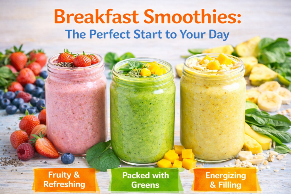 Three mason jars filled with colorful breakfast smoothies—pink with strawberries and chia seeds, green with mango and spinach, and yellow with coconut flakes and pineapple—labeled 'Fruity & Refreshing,' 'Packed with Greens,' and 'Energizing & Filling,' set against a wooden background with fresh fruits and greens