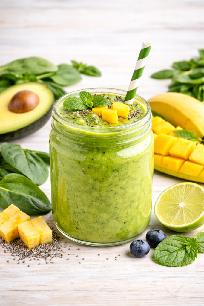 Green smoothie in a mason jar topped with mango chunks, chia seeds, and a mint sprig, surrounded by fresh ingredients like avocado, spinach, banana, and lime on a light wooden surface.