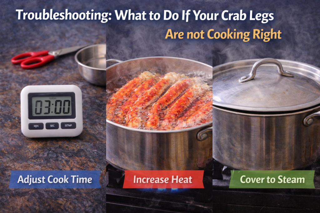 A digital image showing three tips for troubleshooting crab leg cooking: Adjust cook time, increase heat, and cover to steam, with corresponding illustrations of a timer, boiling pot, and steaming pot.