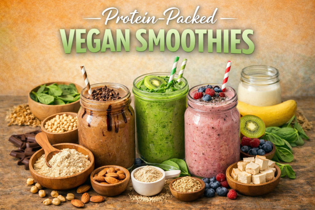 Three protein-packed vegan smoothies on a rustic wooden surface, featuring chocolate, green, and berry variants. Surrounded by plant-based protein ingredients like tofu, chickpeas, and almonds, along with fresh fruits and spinach, and topped with striped paper straws