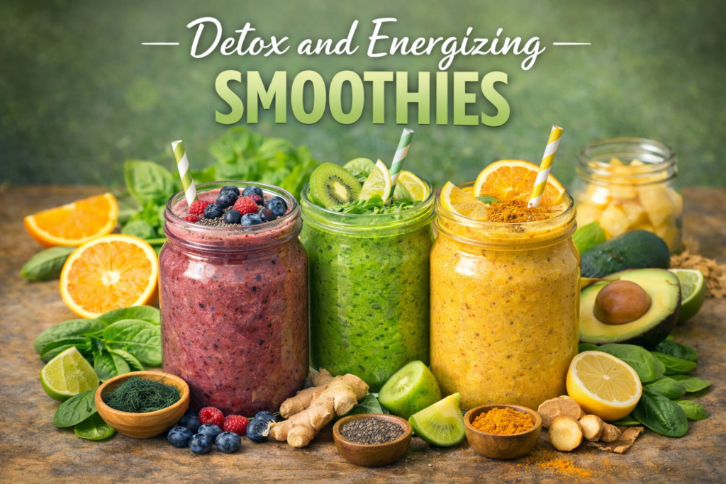 Three detox and energizing smoothies in mason jars, set against a rustic surface. The smoothies are topped with fresh berries, citrus, and chia seeds, surrounded by superfoods like spirulina, turmeric, ginger, avocado, and spinach, creating a colorful and healthy scene.