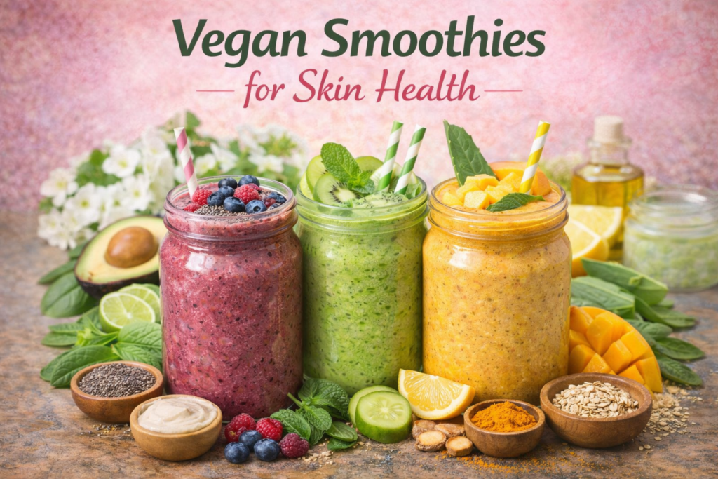 Three vegan smoothies for skin health in mason jars, set on a rustic surface. The smoothies are topped with berries, mint, and mango, surrounded by skin-boosting ingredients like avocado, aloe vera, turmeric, cucumber, and spinach. The scene is balanced with wellness-inspired elements