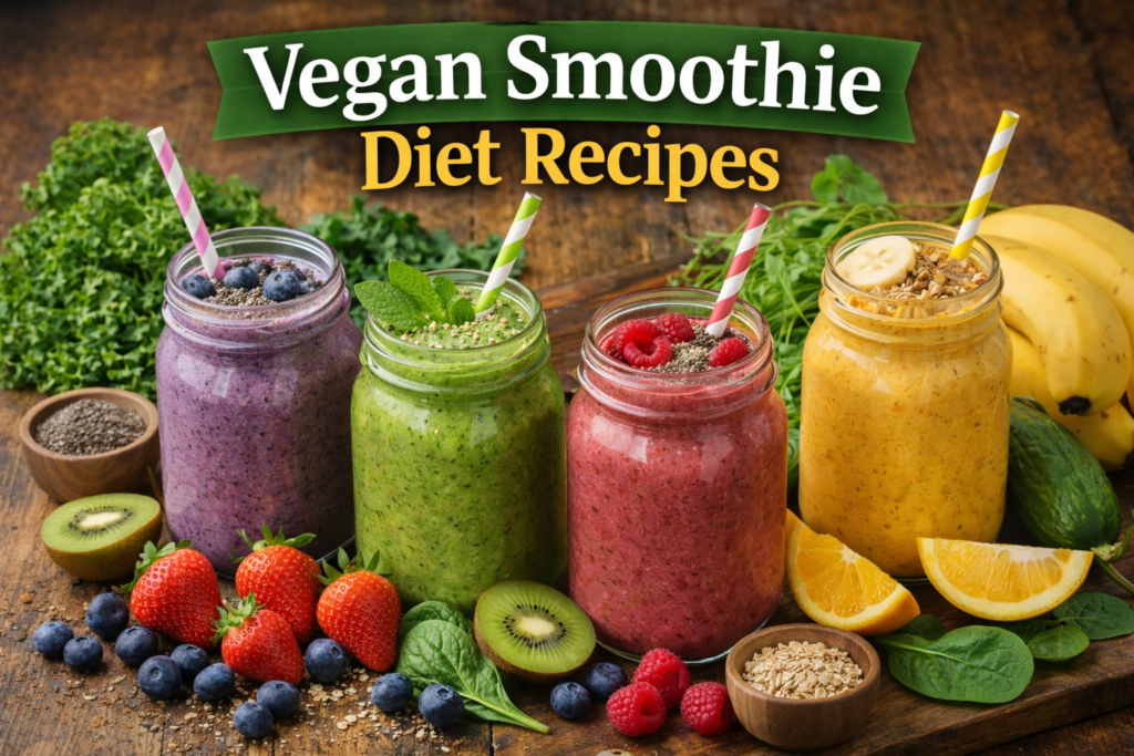 Four colorful vegan smoothies Diet Recipes in mason jars on a rustic wooden table, surrounded by fresh fruits and seeds, with 'Vegan Smoothie Diet Recipes' title above