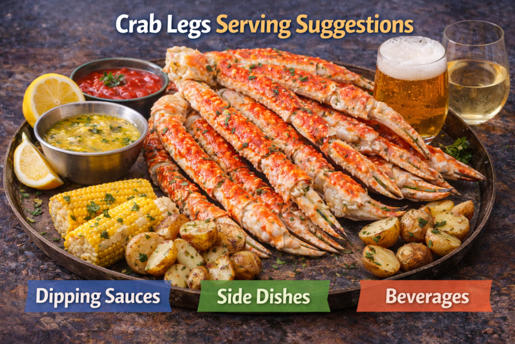 A vibrant image showing a platter of crab legs with dipping sauces, side dishes like corn on the cob and roasted potatoes, and beverages, each labeled for serving suggestions