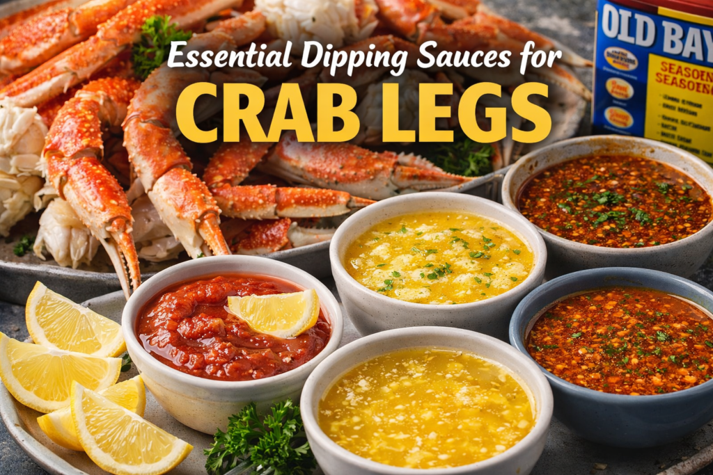 A platter of cracked crab legs surrounded by dipping sauces such as cocktail sauce, melted butter, and Cajun butter, garnished with lemon wedges and parsley