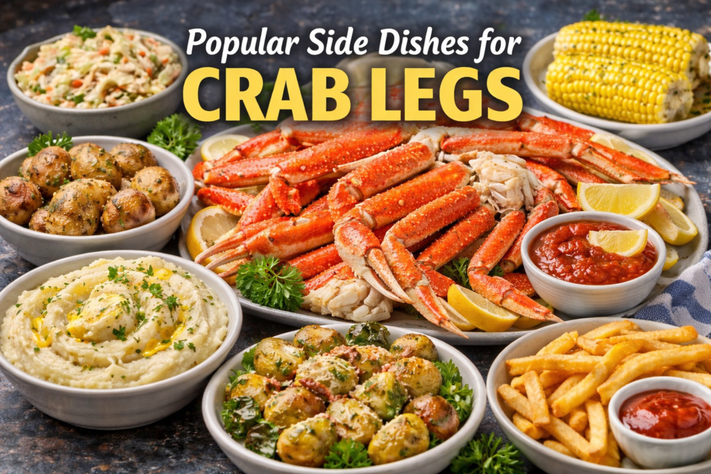 A delicious spread of popular side dishes for crab legs including mashed potatoes, roasted Brussels sprouts, coleslaw, baby potatoes, French fries, and corn on the cob, with crab legs in the center