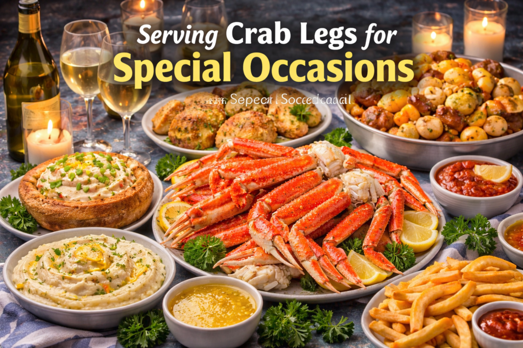 A luxurious spread of crab legs, crab cakes, seafood boil, mashed potatoes, baby potatoes, and dipping sauces, ideal for serving on special occasions, with wine and candles enhancing the scene