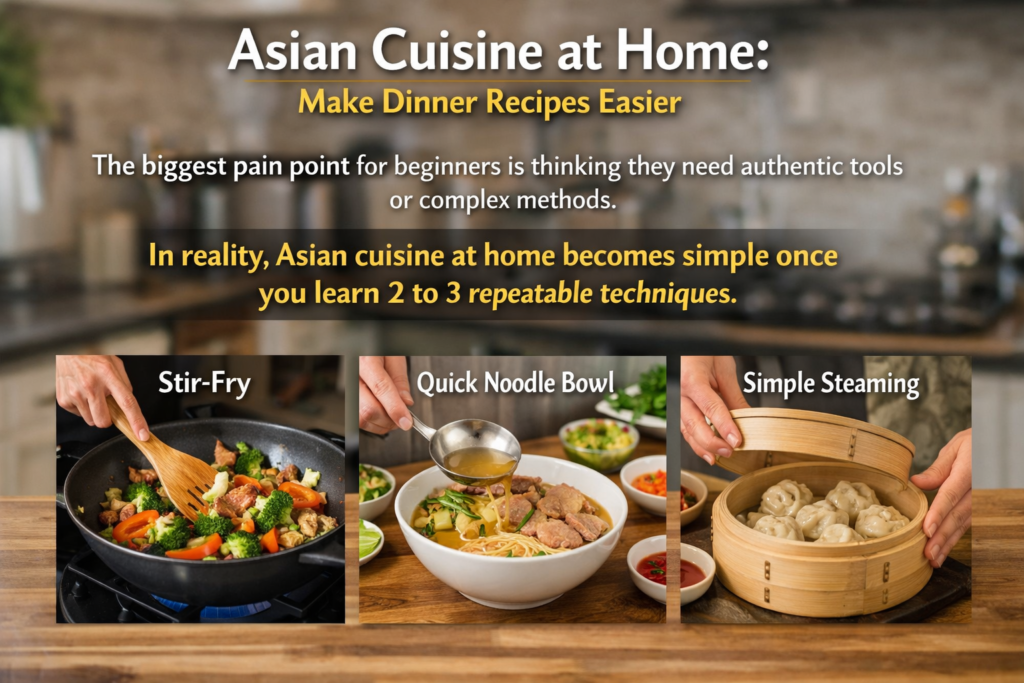 An instructional image showing three simple techniques for making Asian cuisine at home: stir-frying vegetables and meat, preparing a quick noodle bowl, and steaming dumplings with a bamboo steamer