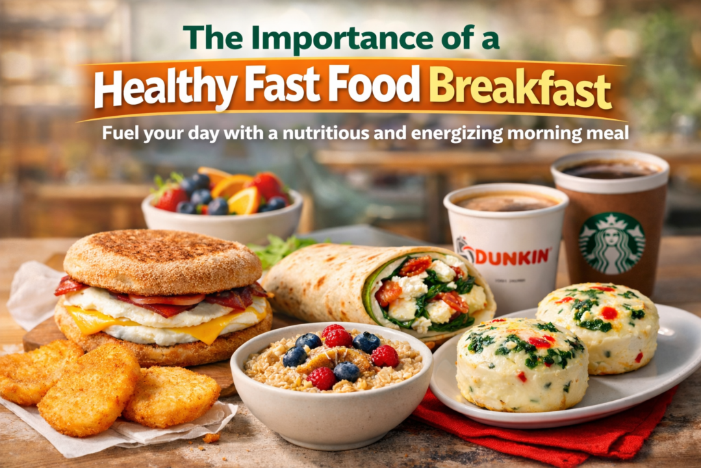 Healthy fast food breakfast spread with a whole-grain English muffin sandwich, egg white wrap, oatmeal topped with fresh berries, hash browns, and egg bites, set against a blurred fast food restaurant background.