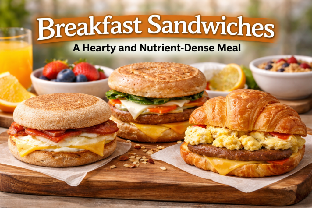 Three breakfast sandwiches on a wooden cutting board, featuring an English muffin, wheat bagel, and croissant, accompanied by fresh fruit and yogurt parfaits, in vibrant warm lighting