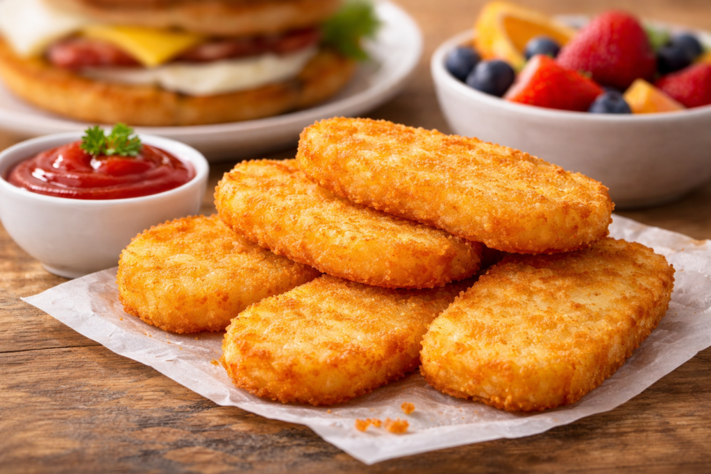 Crispy golden hash browns with a side of ketchup and fresh fruit, arranged on parchment paper, highlighting a perfect breakfast side.
