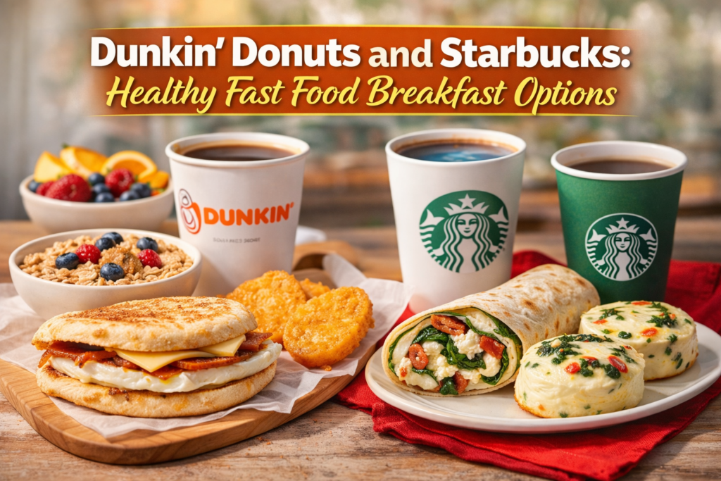 Healthy breakfast options from Dunkin' Donuts and Starbucks including egg white flatbread sandwich, oatmeal with berries, spinach and feta egg white wrap, sous vide egg bites, and coffee.
