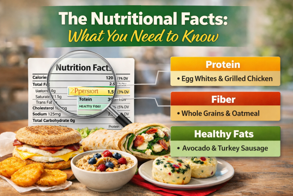 A digital infographic titled 'The Nutritional Facts: What You Need to Know' featuring healthy fast food breakfast options with a focus on protein, fiber, and healthy fats, including a whole-grain sandwich, egg white wrap, oatmeal, and egg white bites, with key nutritional details highlighted