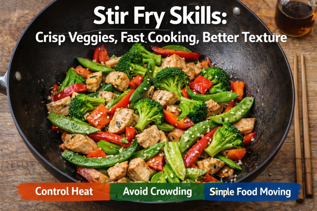 A stir-fry in a black non-stick wok with broccoli, snap peas, red bell peppers, and chicken, topped with sesame seeds. Instructional text highlights tips for perfect stir-frying: "Control Heat," "Avoid Crowding," and "Simple Food Moving.