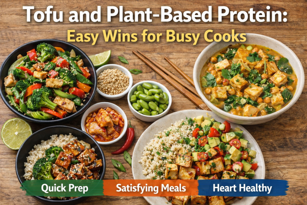 A vibrant display of plant-based tofu dishes: crispy tofu with stir-fried vegetables, a tofu curry with chickpeas, and grilled tofu served with quinoa and salad, accompanied by small sides of kimchi and edamame. Text banners emphasize "Quick Prep," "Satisfying Meals," and "Heart Healthy.
