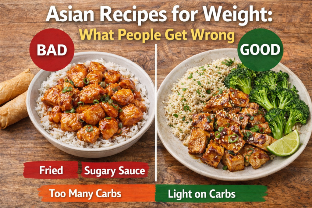 A split image comparing two Asian meals: on the left, a deep-fried chicken dish with sugary sauce and rice, labeled "BAD," and on the right, a grilled tofu dish with broccoli and quinoa, labeled "GOOD," emphasizing healthier preparation and balanced carbs.