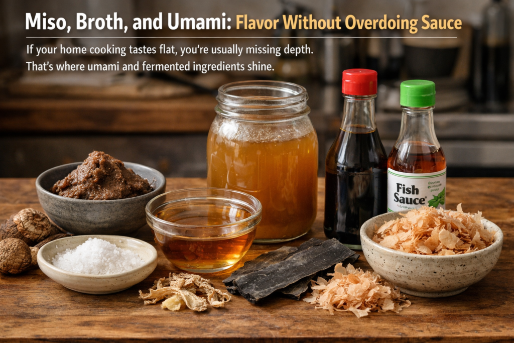 A collection of umami-rich ingredients including miso paste, fish sauce, soy sauce, dried shiitake mushrooms, kelp, and bonito flakes arranged on a wooden surface, showcasing how fermented ingredients can add depth to cooking without overwhelming the flavors.